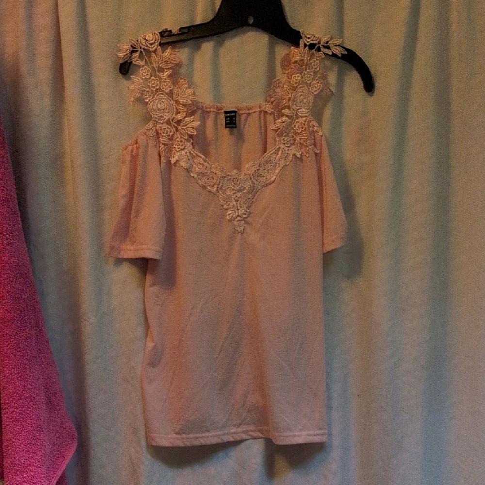 SHEIN Soft Pink Cold Shoulder Ruffled Embellished Blouse